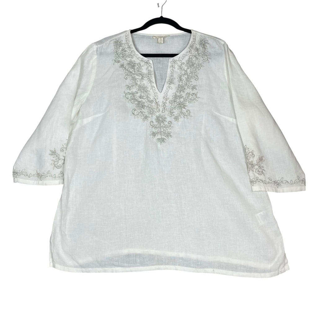 Charter Club Luxury Linen Embroidered Coastal Grandma Vacation Beach Tunic - XL